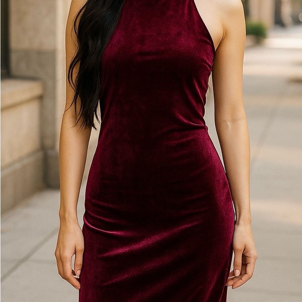 Bodycon Velvet Red Wine Dress Spaghetti Straps Halter-neck Soft